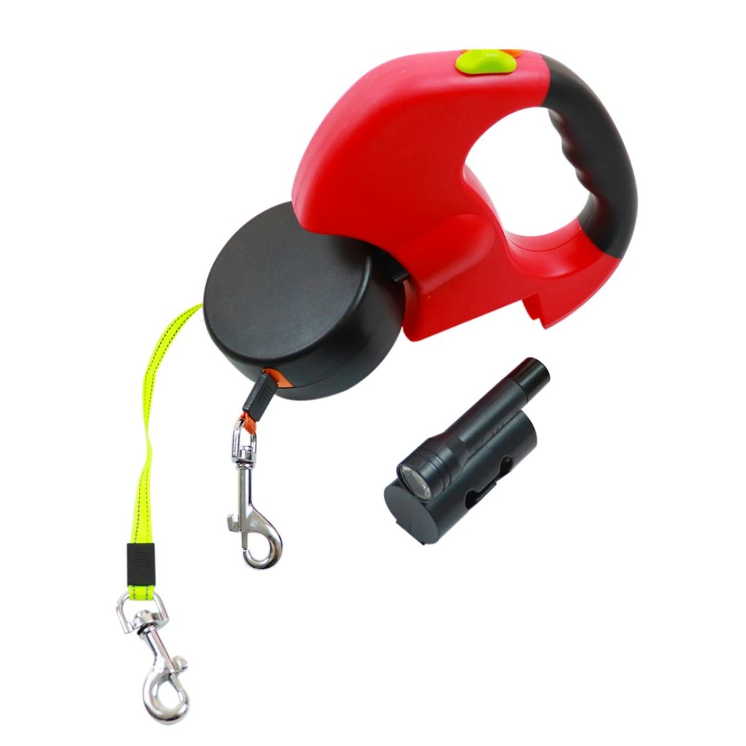 犬用の伸縮リード - LEDランプと袋ディスペンサー付き 