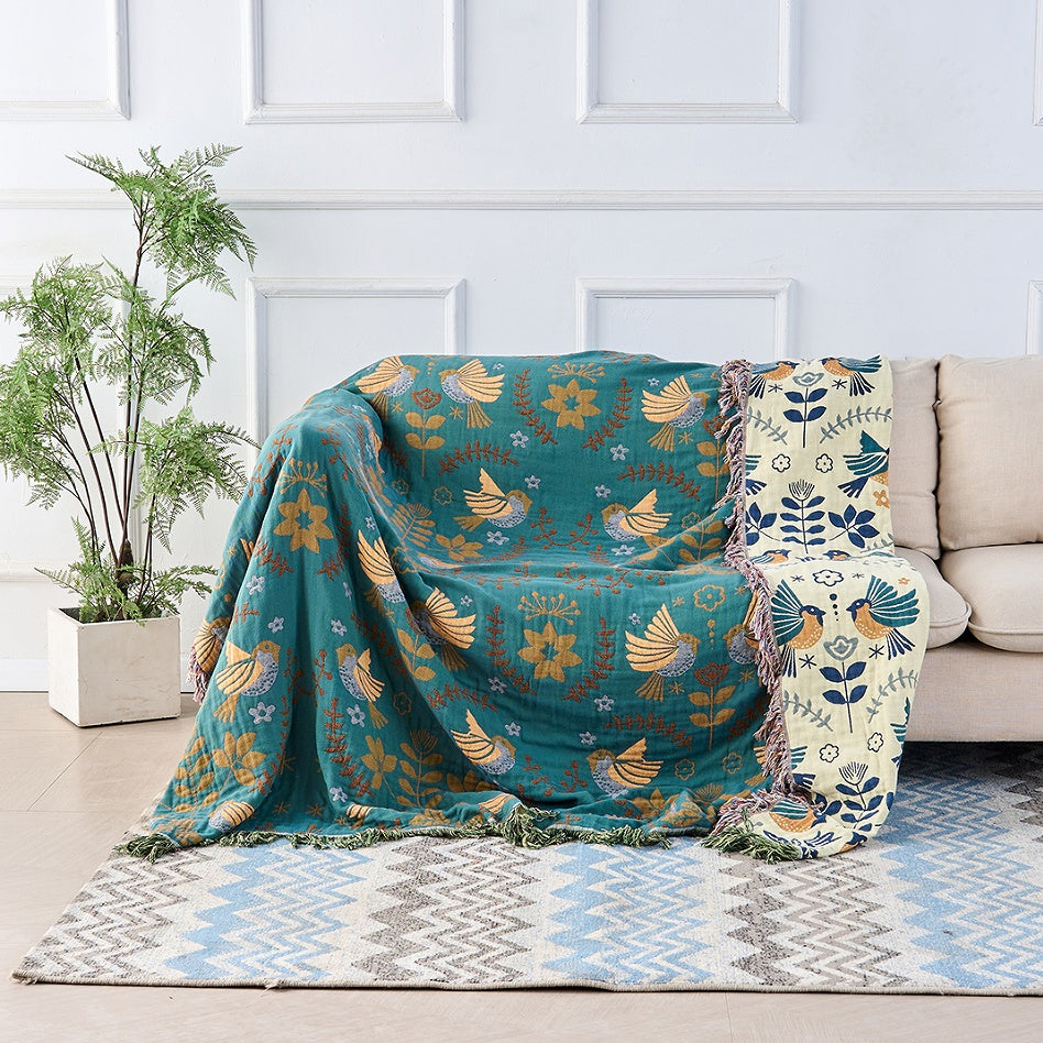 Plaid Reversibile Stile Scandinavo Motivi Uccelli 