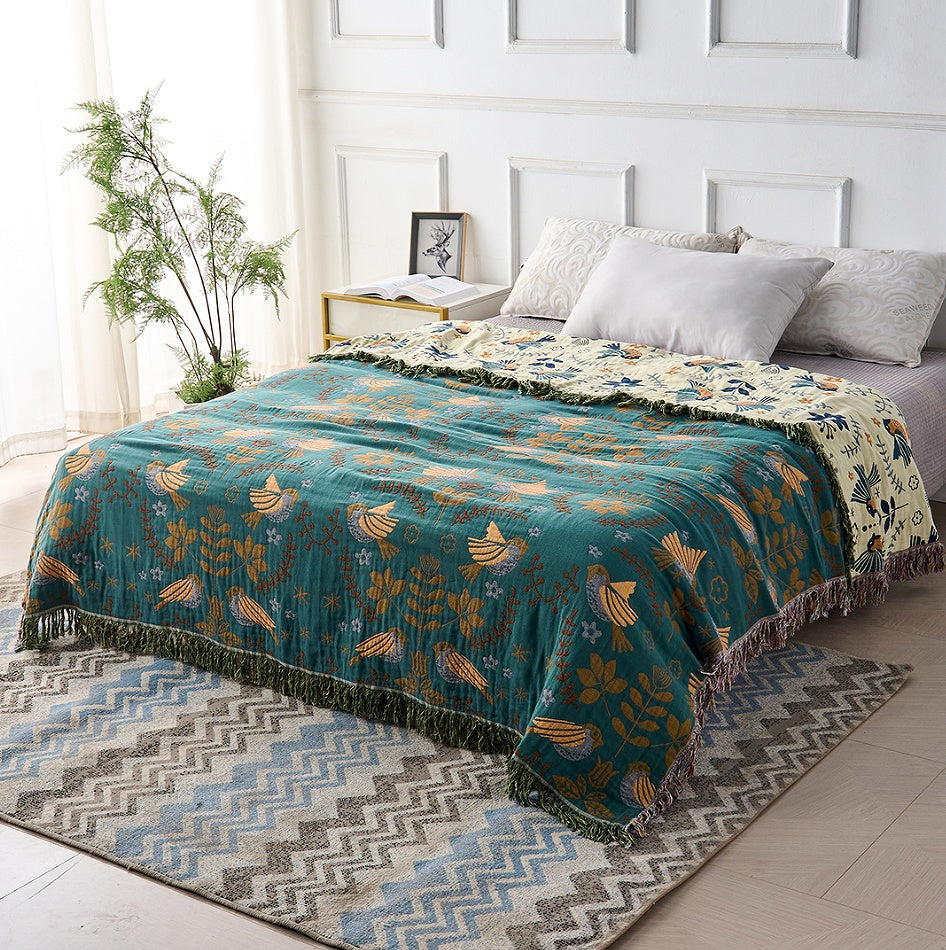Plaid Reversibile Stile Scandinavo Motivi Uccelli 