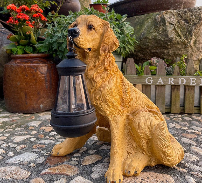 Solhundestatue med LED-lanterne – Dekoration og lys 
